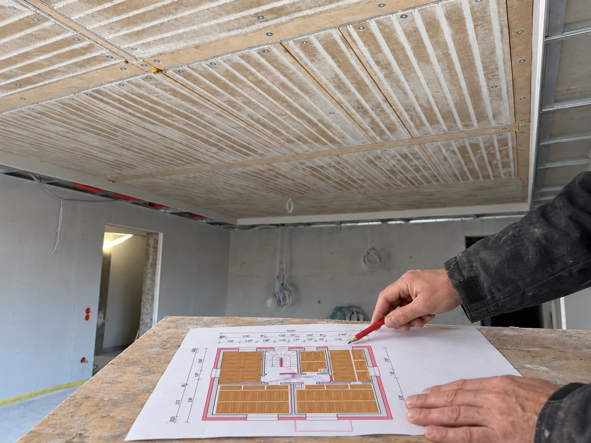 Visualisierung der DHS-Deckenplanung: Verlegeplan im Vordergrund und Klimaplatten an einer echten Baustellendecke